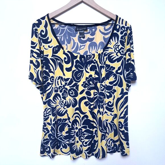 INC International Concepts Women’s 2X Yellow Navy Square Neck Pleated Floral - Picture 1 of 7